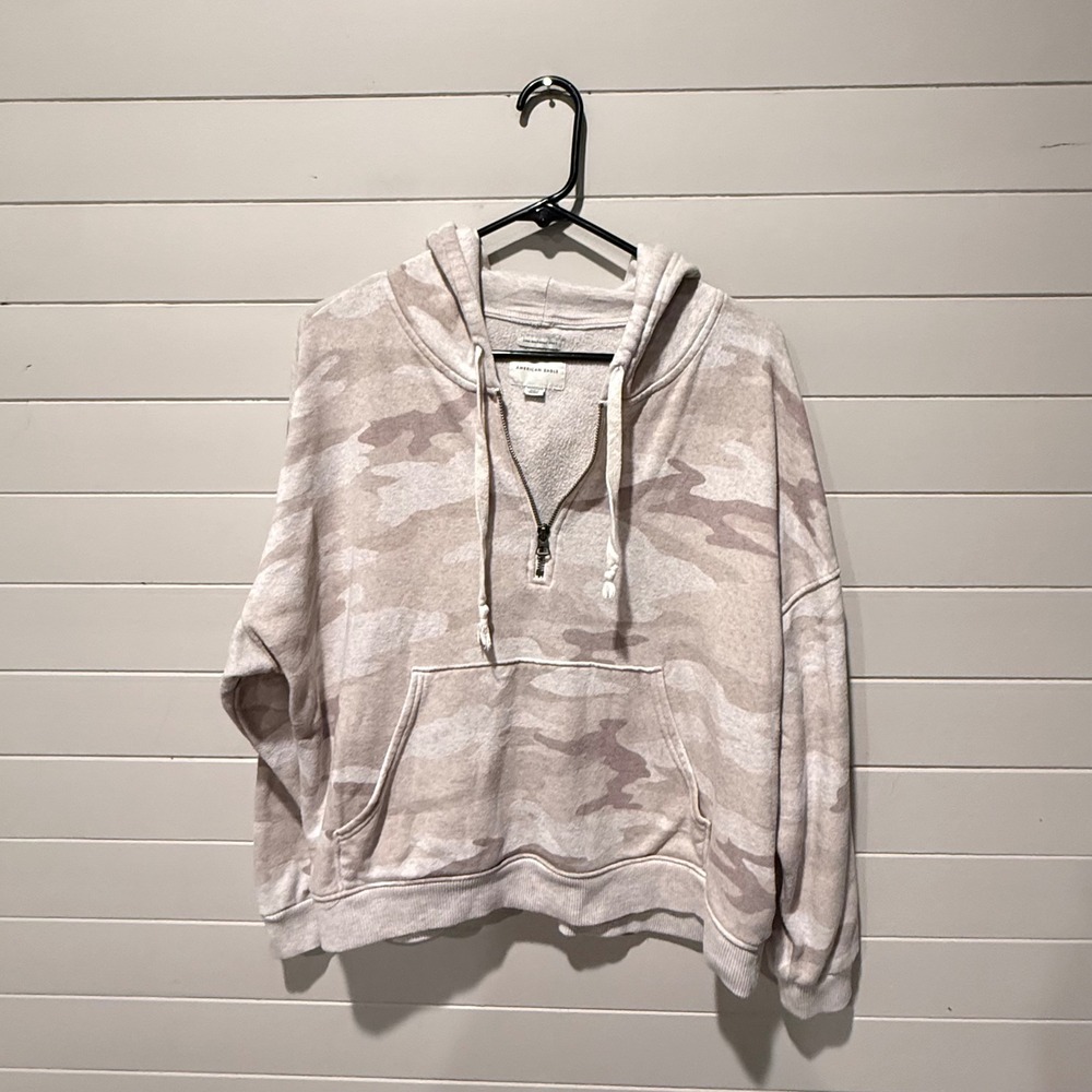 American Eagle Camo Quarter Zip Hoodie Womens XS Tan Beige Fleece Pullover